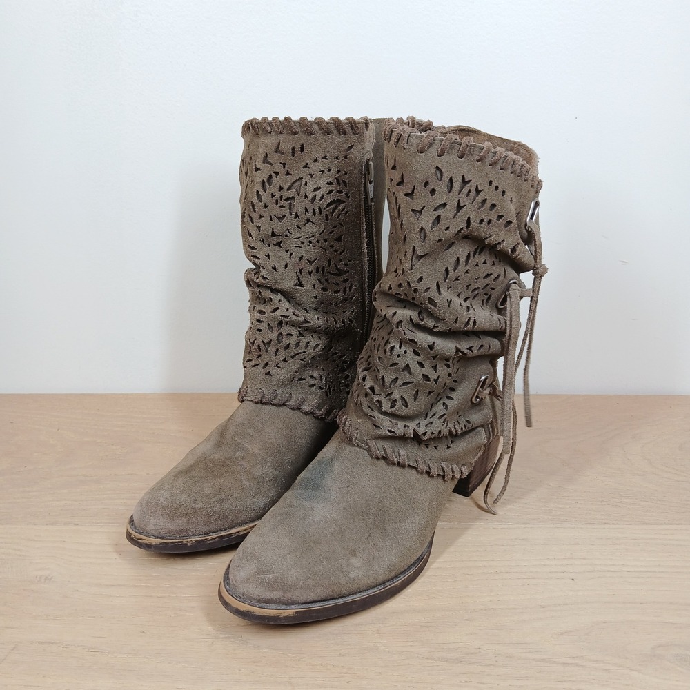 Naughty Monkey Boots Women 7.5 Taupe Suede Mid Calf Western Cutout Lace Up Boho